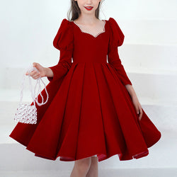 First Communion Dress Girl Elegant Pageant Dresses Baby Girl Red Long Sleeve Fluffy Princess Dress