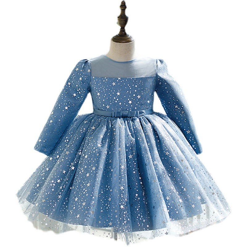 Baby Girl Birthday Party Dresses Toddler Star Print Long Sleeve Blue Ball Gowns