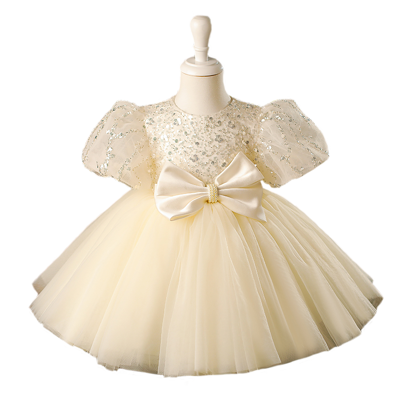 Baby Girl Champagne Bow Sequins Puffy Birthday Princess  Dress