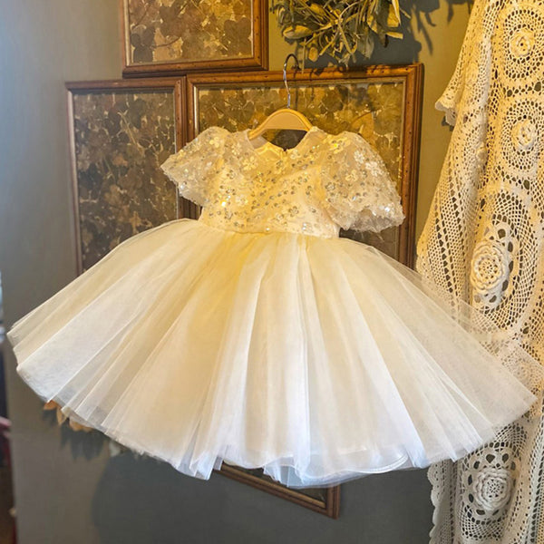 Flower Girl Dress Toddler Pageant Dress White Sequin Mesh Fluffy Princess Dress