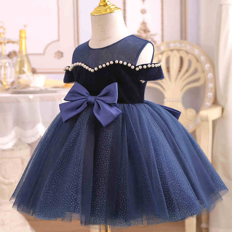 Baby Girl Formal Princess Dresses Toddler Blue Beadwork Bow Puffy Birthday Party Dress