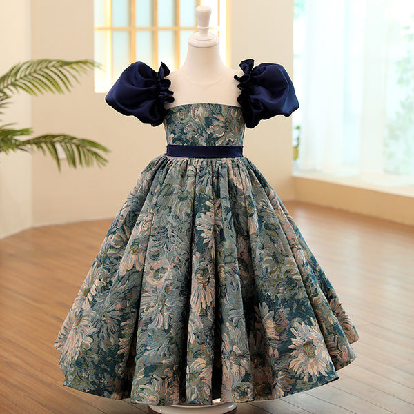 Toddler First Communion Dress Girl Summer Flower Printing Formal Party Princess Dress