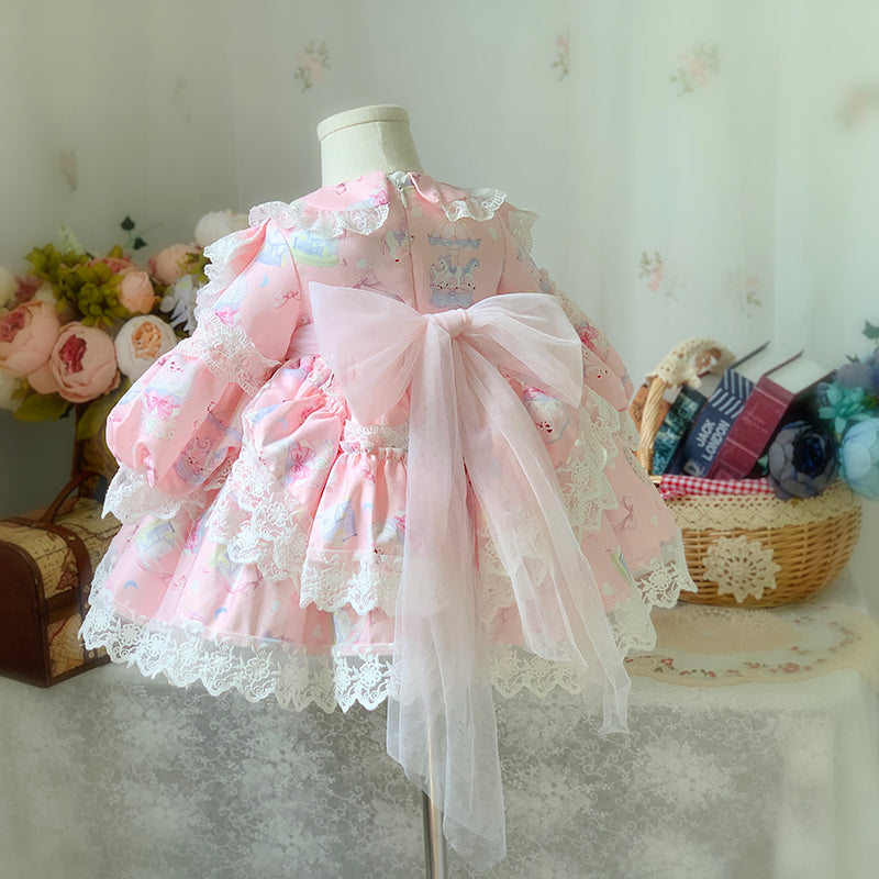 Baby Girl Pink Long Sleeve Lolita Lace Dresses Girl Princess Party Dresses