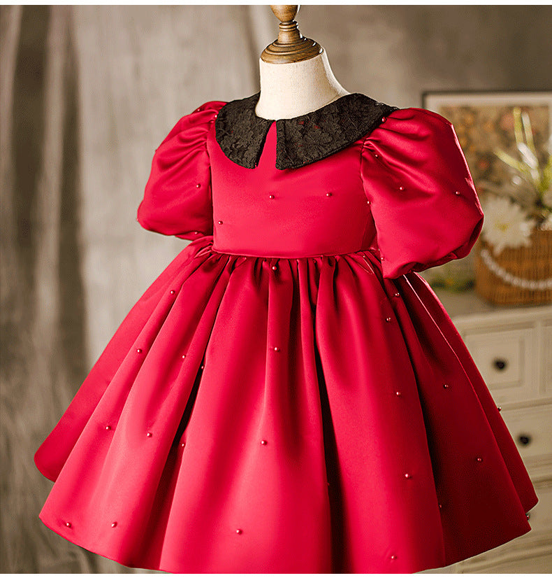 Baby Girl Dress Children Birthday Party Dress Red Puff Sleeve Doll Collar CommunionDress