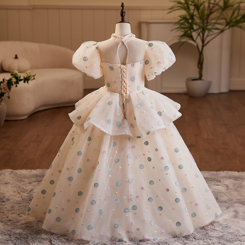 Flower Girl Dress Children Communion Summer Polka Dot Beaded Sequin Fluffy Baptism Princess Dress