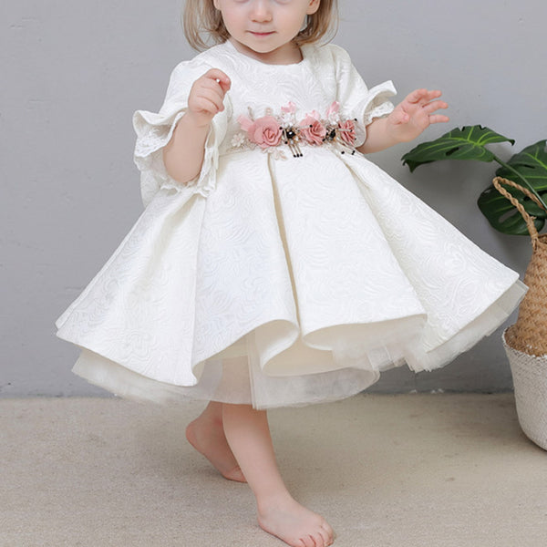 Flower Girl Dress Toddler Communion Formal White Bow Lace Baby Baptism Dress