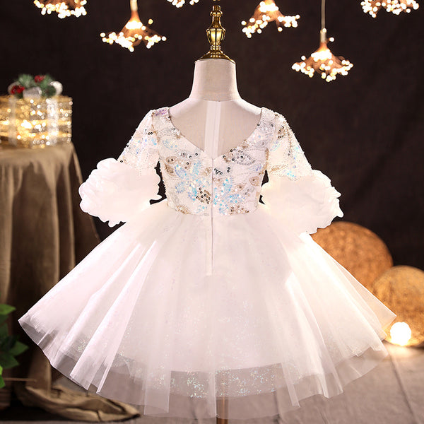 Flower Girl Dress Toddler Ball Gowns White Wedding V-neck Princess Dress