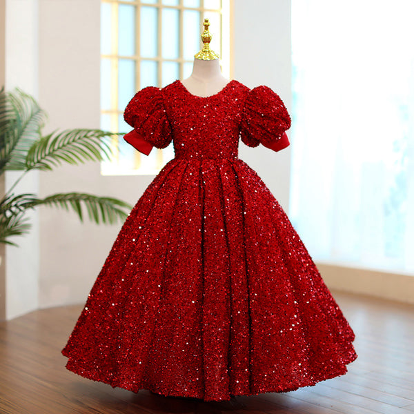 Girl Summer Communion Dress Red Sequin Round Neck Birthday Party Princess Dress