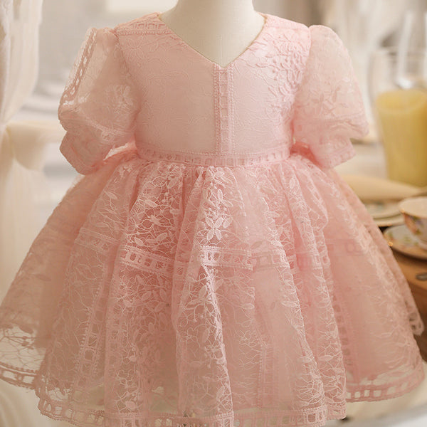 Girl Christmas Dress Toddler Prom Dress Girl Summer Princess Dress Pink Lace Puff Sleeve Dress