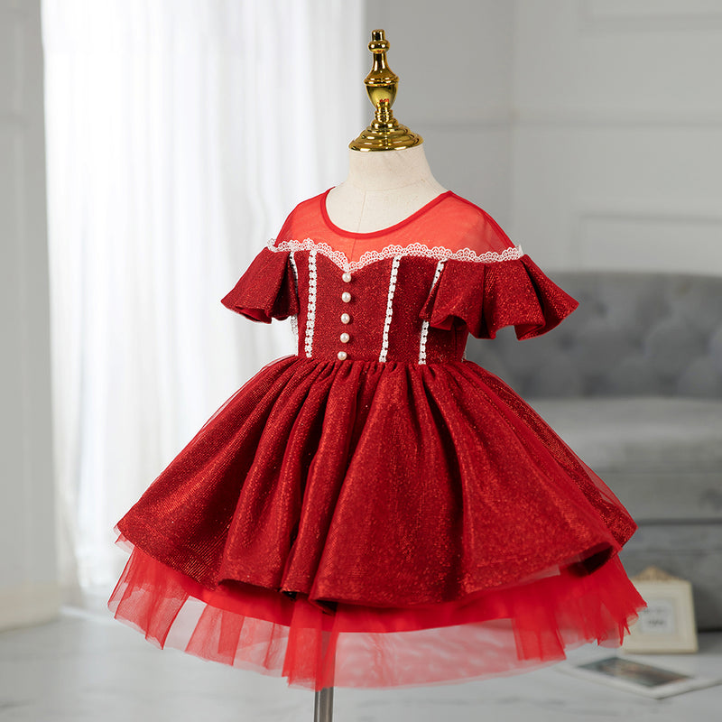 Toddler Girl Princess Dress Red Elegant Bead Mesh Puffy Birthday Party Dress