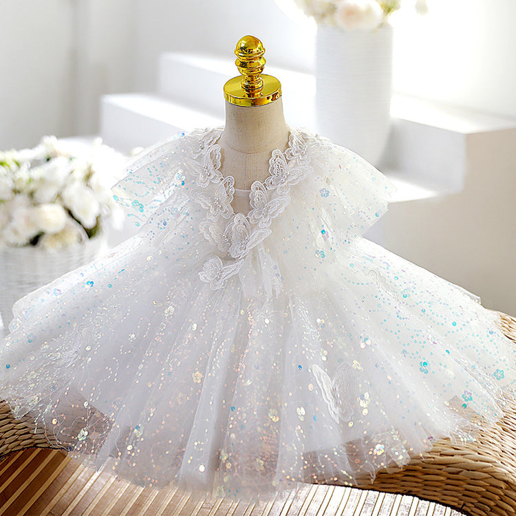 Baby Girl Easter Dress White Puffy Butterfly Sequins Birthday Party Princess Christening Dress