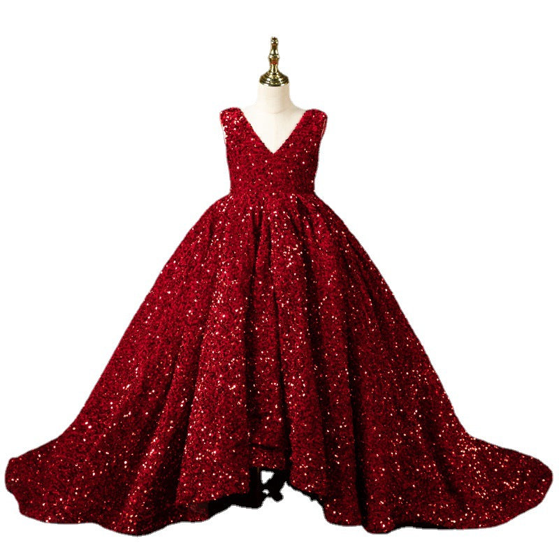 Girl Luxury Red Sleeveless Trailing Sequins Fluffy Princess Communion Dres