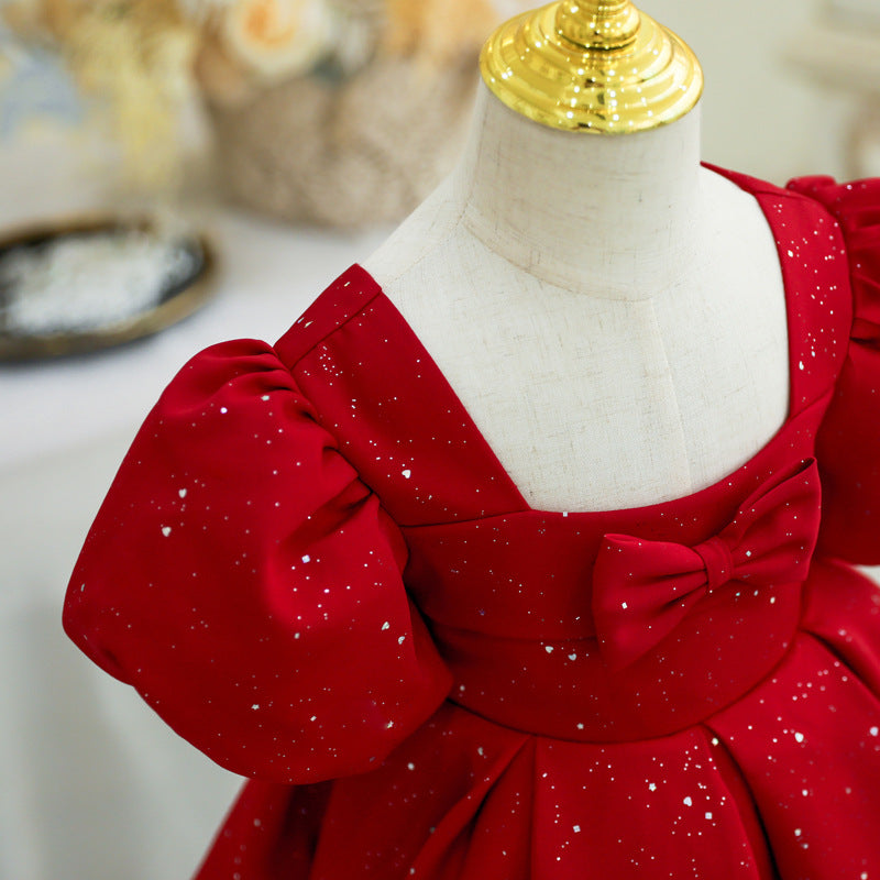 Girl Christmas Dress Baby Girl Day Red Square Neck Bow Princess Dress