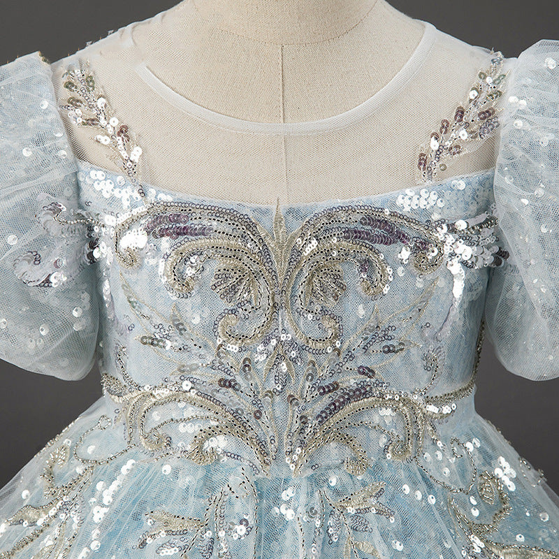 Sky Blue Sequined Puff Sleeve Princess Dress