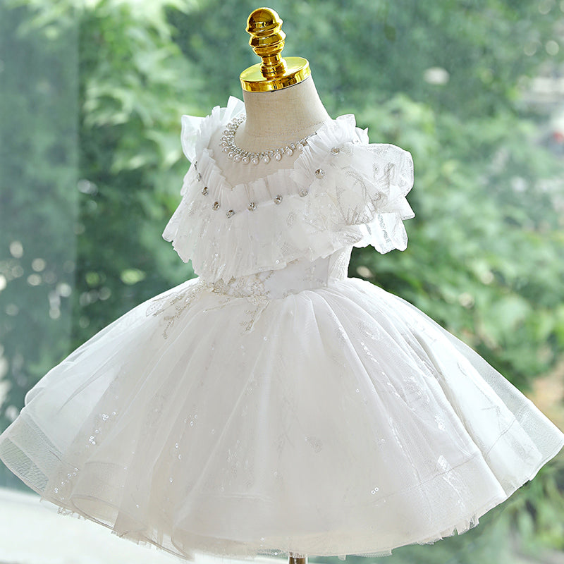 Baby Girl Dress Toddler Flower Baptism White Bead Collar Puffer Christening Princess Dress