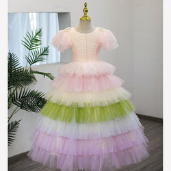 Flower Girl Dress Children Summer Rainbow Colorful Mesh Fluffy Skirt Cake Princess Party Dress