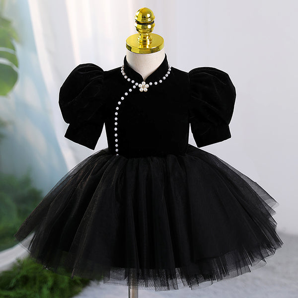 Baby Girl Baptism Dresses Toddler Black Puff Sleeves Puffy Princess Dress Girls Pageant Dresses