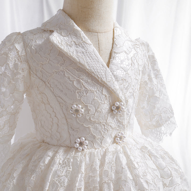 First Communion Dress Baby Girl Elegant Lace Flower Button Formal Princess Dress