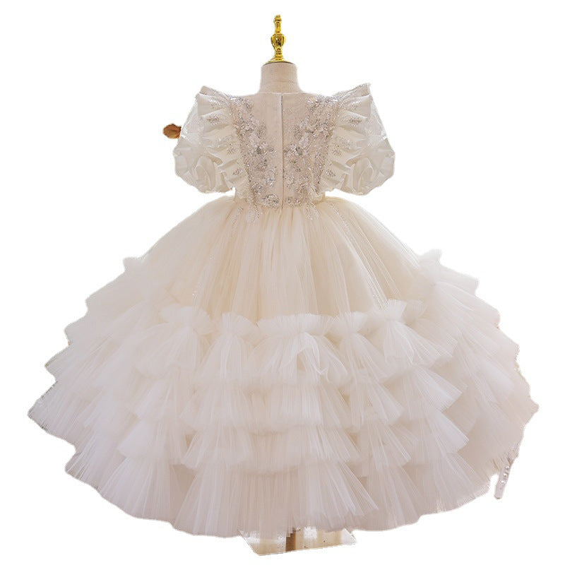 Flower Girl Dress Toddler White Court Sequin Puffy Princess Christening Dress