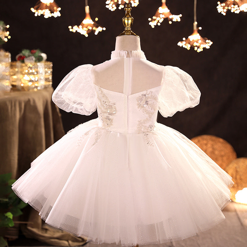 Flower Girl Dress Children Mesh Fluffy Diamond Embroidery Lace Sequin White Princess Dress