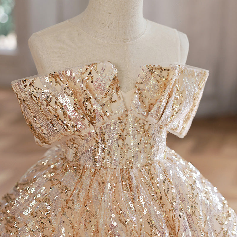 Girls Gold Sequin Puffy Birthday Princess Dress