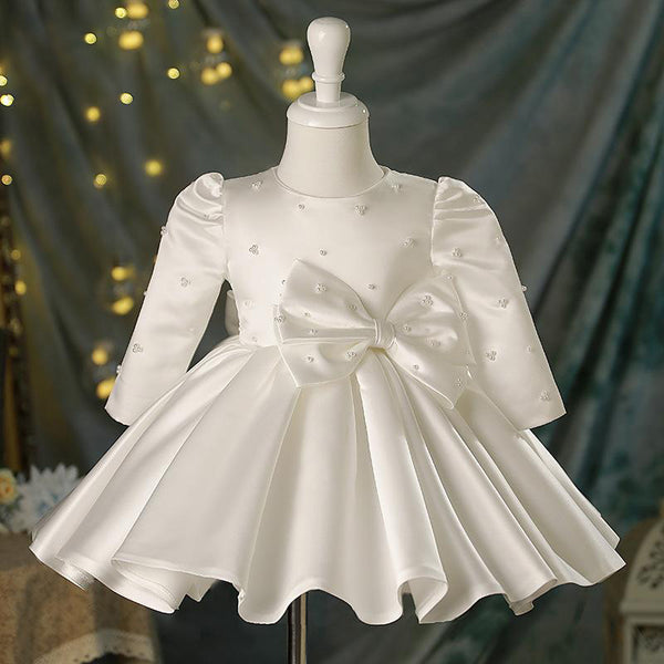 Baby Girl White Beaded Long Sleeve Bow Baptism Dress