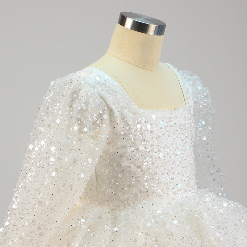 Girl Formal Princess Dresses Baby Girl Bow Mesh Long Sleeve Sequined Christening Dress