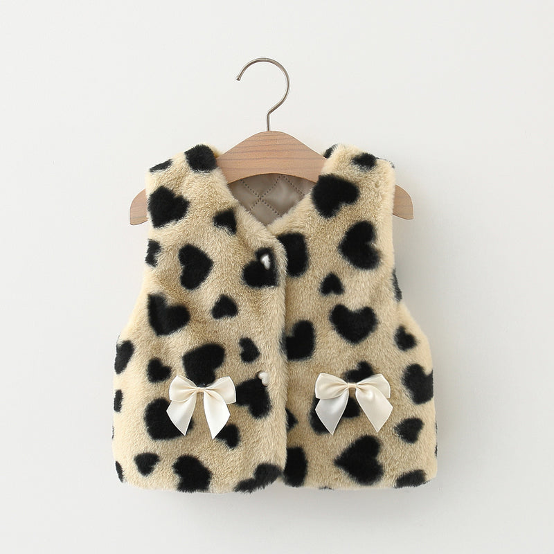 Heart Print Plush Sleeveless Coat