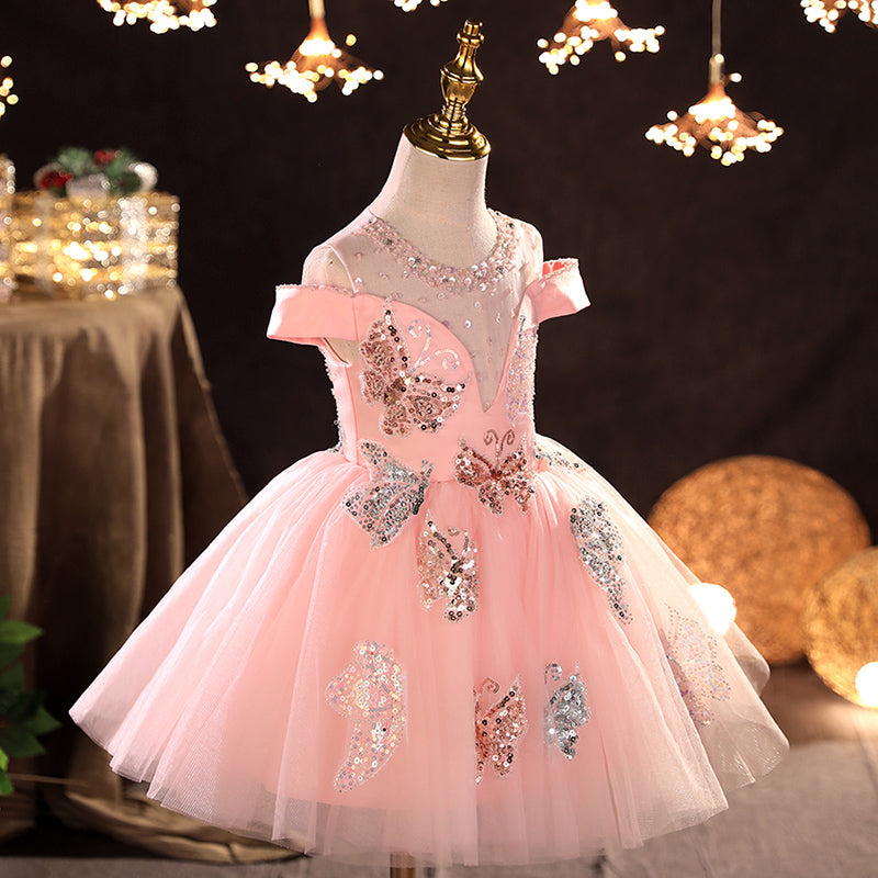 Baby Girl First Communion Dress Girl Pink Sequin Butterfly Mesh Fluffy Princess Party Dress