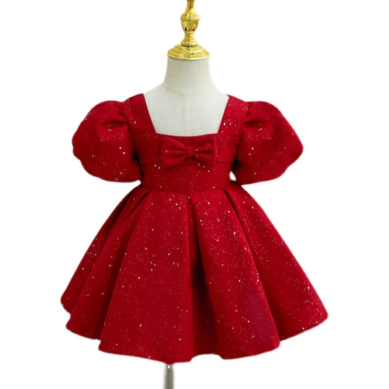 Girl Christmas Dress Baby Girl Day Red Square Neck Bow Princess Dress