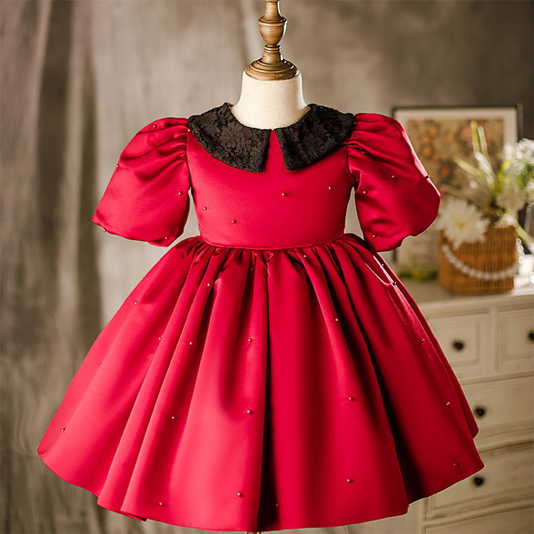 Baby Girl Dress Children Birthday Party Dress Red Puff Sleeve Doll Collar CommunionDress