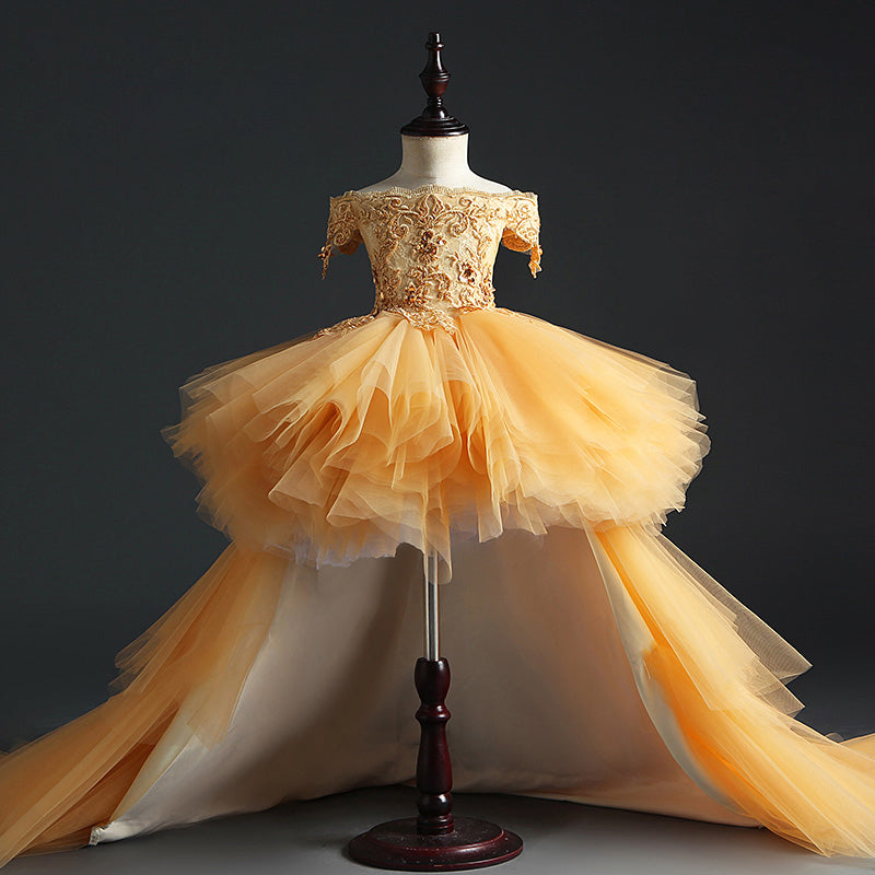 short puffy dresses for 12 year olds Champagne Birthday Girl Dress, Tutu Flower Girl Dress, Short Puffy Sleeve, Prom Dress, Special Occasion Dress for Kids, Gold Princess Dress