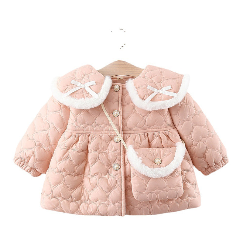 Girls Bow Collar Velvet Coat