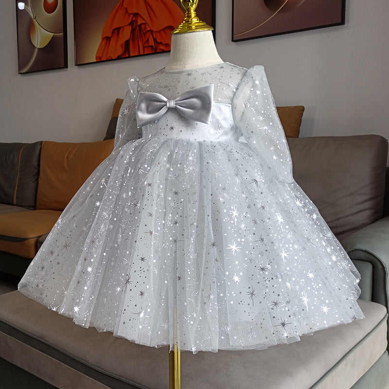 Baby Girl and Toddler Birthday Party Dress Long Sleeve Mesh Sequin Princess Dress
