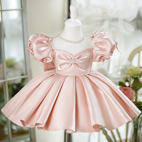 Baby Girl Puff Sleeve Beaded Bow Puffy Birthday Party Princess Dress