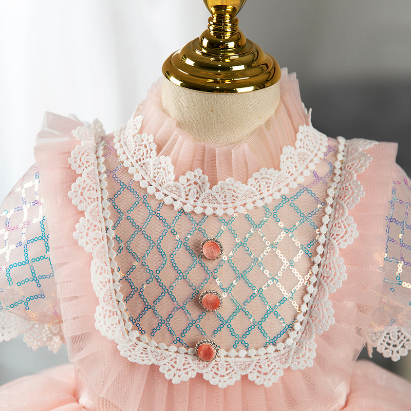 Baby Girl Dress Toddler fluffy Puff Sleeve Mesh Summer Cute Pink Sequin Lace Princess Dress