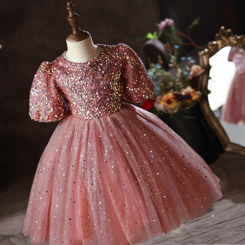 Girl Summer Pink Sequin Bow Princess Party Dress