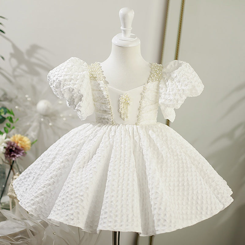 Toddler Prom Dress Girl Wedding Princess Dress White Puff Sleeve Beaded Baptism Dress