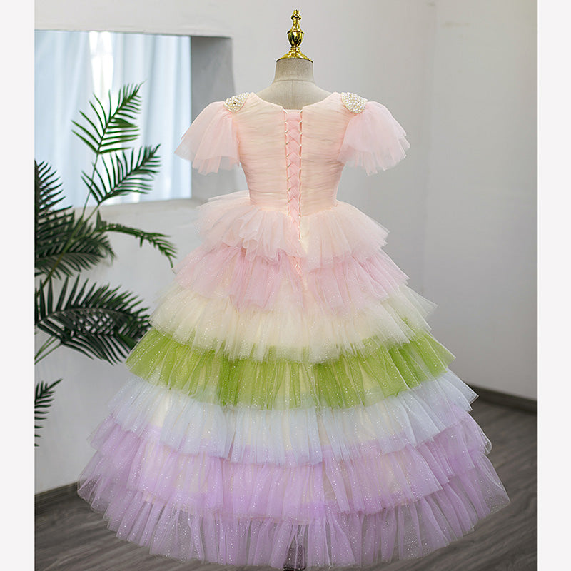 Flower Girl Dress Children Summer Rainbow Colorful Mesh Fluffy Skirt Cake Princess Party Dress