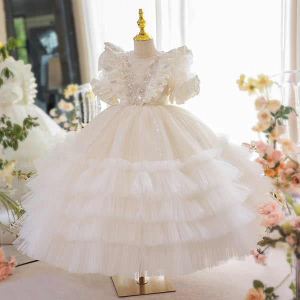 Flower Girl Dress Toddler White Court Sequin Puffy Princess Christening Dress