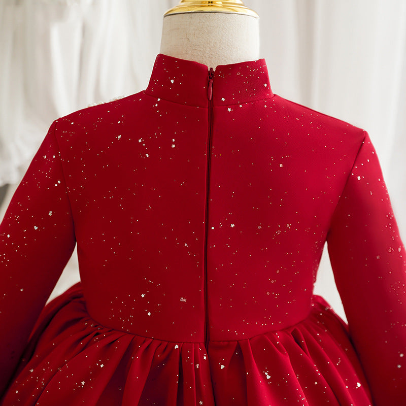 Girl Christmas Dress Baby Girl Princess Dress Winter Stand Collar Red Embroidered Dress Girl Birthday Party Dress