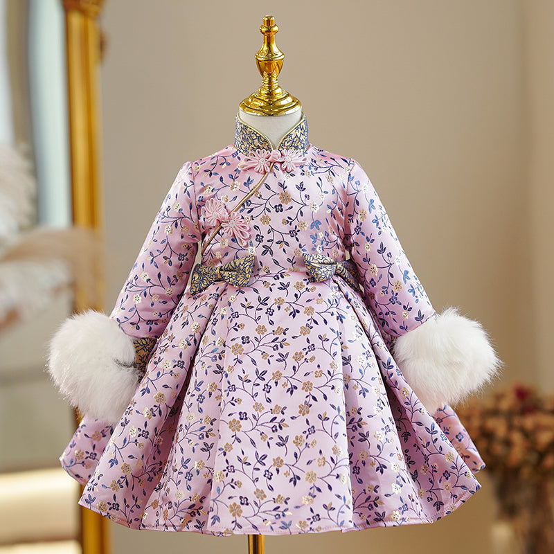 Baby Girl Party Dress Toddler Winter Plush Floral Long Sleeve Princess Dress