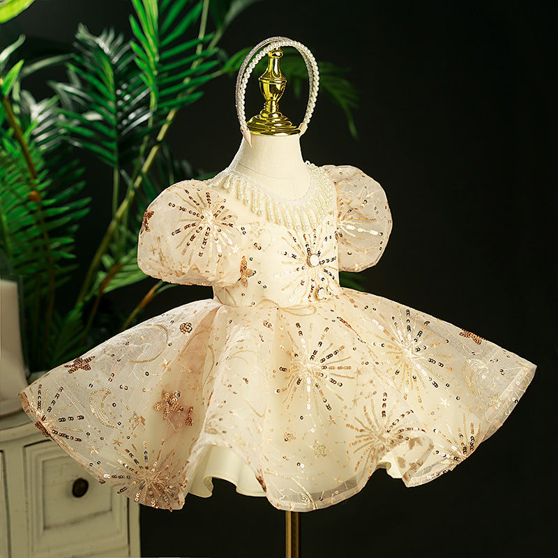 Flower Girl Dresses - Baby Girl Christening Dress Toddler Summer Sequin Pearl Birthday Party Dress, Beige / 5-6 Years (130cm) Flower Girl Dresses - Baby Girl Christening Dress Toddler Summer Sequin Pearl Birthday Party Dress, Beige / 5-6 Years (130cm)