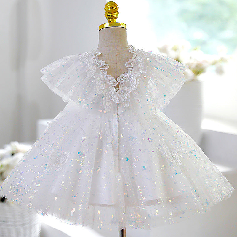 Baby Girl Easter Dress White Puffy Butterfly Sequins Birthday Party Princess Christening Dress