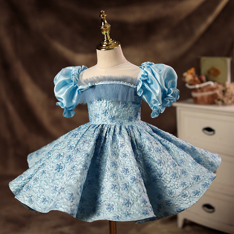 Toddler Ball Gowns Girl Princess Blue Flower Formal Fluffy Birthday Party Dress