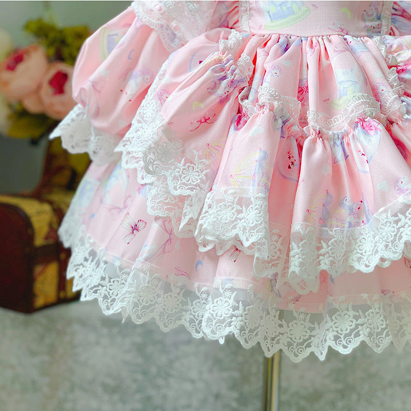 Baby Girl Pink Long Sleeve Lolita Lace Dresses Girl Princess Party Dresses