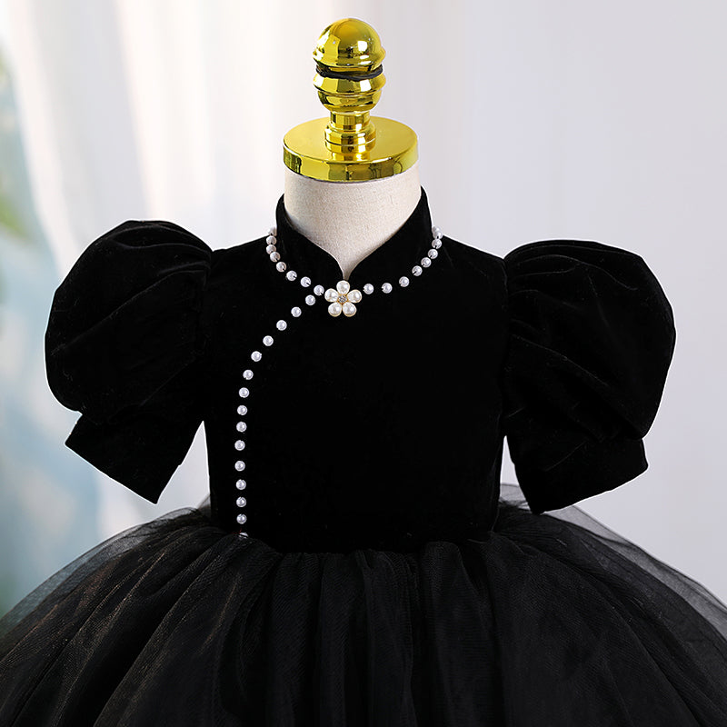 Baby Girl Baptism Dresses Toddler Black Puff Sleeves Puffy Princess Dress Girls Pageant Dresses