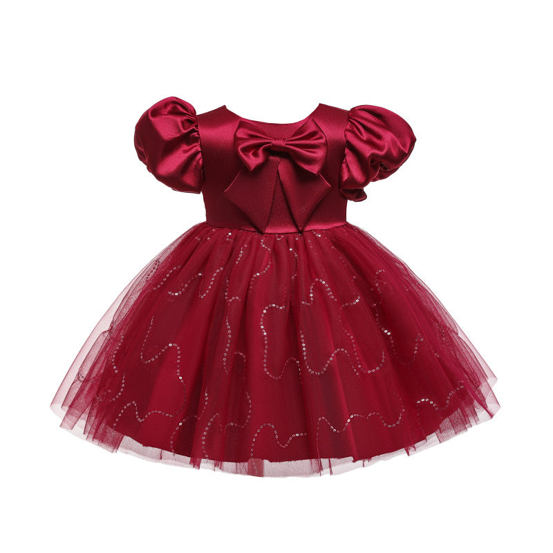 Baby Girl Dress Toddler Bow Sequin Puff Sleeve Fluffy Dark Print Fluffy Mesh Princess Party Dress