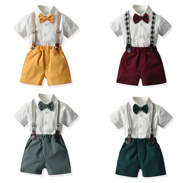 Baby Boys Short Sleeve Bow Shirt Bib Shorts Two Piece Set