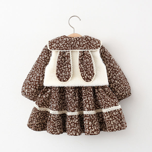 Rabbit Collar Fur Vest Floral Two-Piece Dress